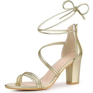 Open Toe Strappy Lace Up Chunky Heel Sandals Gold